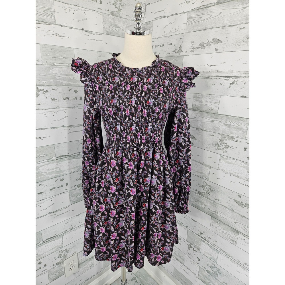 GAP Womens Large Floral Smocked Mini Dress Brown Long Sleeve Ruffle Pocket L